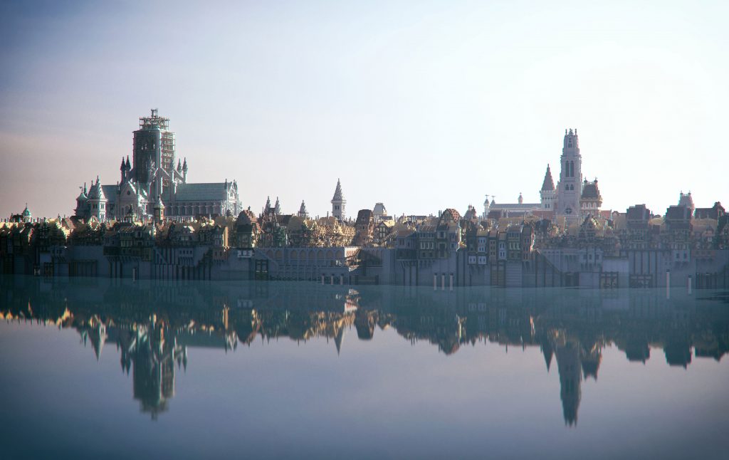 A panorama of the City of London before the Great Fire, from the Great Fire 1666 Minecraft map.