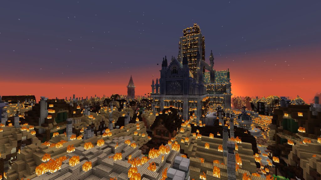 The City of London during the Great Fire, from the Great Fire 1666 Minecraft map.