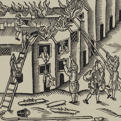 A 17th-century fire being extinguished