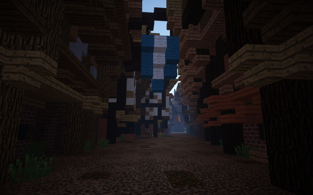 A street level view of the Minecraft map Great Fire 1666, showing London before the fire.
